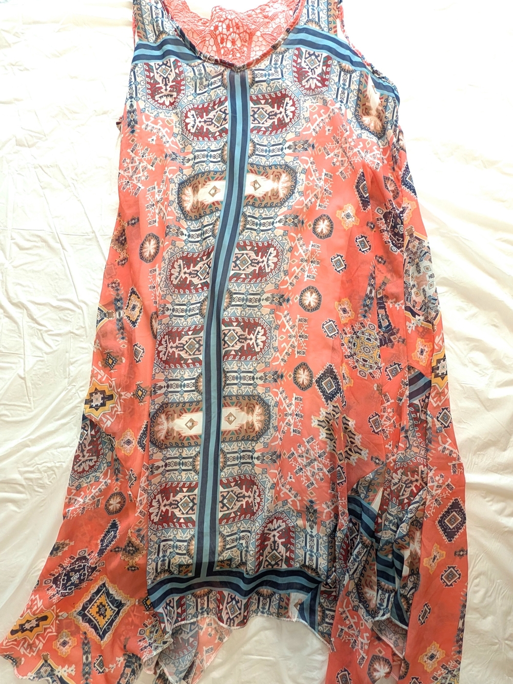 OneWorld Women's 1XL Boho Paisley Handkerchief Hem Dress Festival Beach Fairy